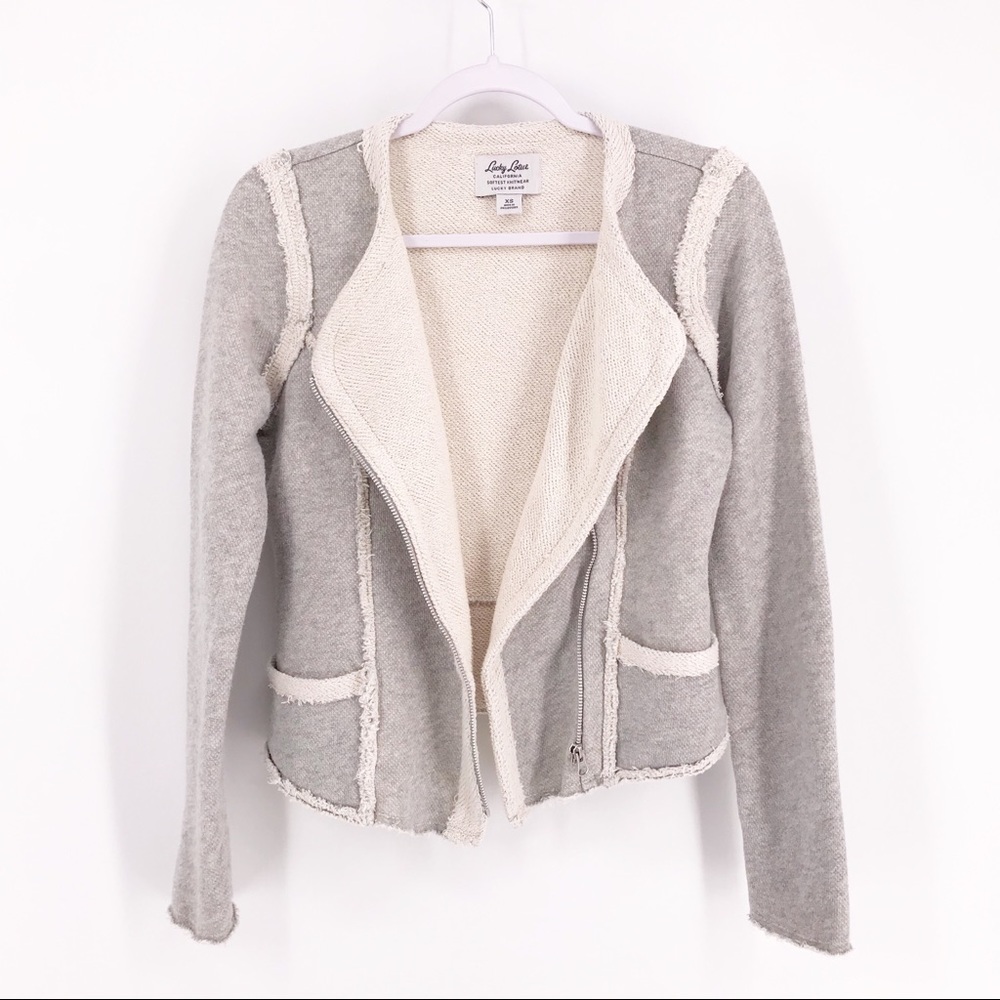 SOLD: Lucky Brand Gray Raw Edge Cotton Moto Jacket - Picture 3 of 8